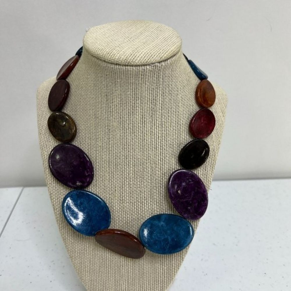 Vintage Plastic Necklace Blue Purple Disc Statement Big Chunky Brown Flat‎ Used,